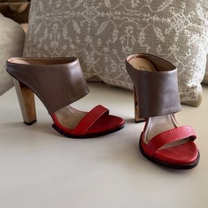 BCBGMaxAzria leather heels, mule style color lock red and taupe / brown and gold